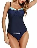 Aottori Tankini Damen Bauchweg Bademode Zweiteiler Tankini Set Badeanzug Push up Beachwear V-Ausschnitt Swimsuit mit Badeshorts Navyblau L