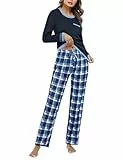 Marvmys Schlafanzug Damen Lang Winter Baumwolle PyjamaSet Schlafanzüge Zweiteiliger Nachtwäsche Sleepwear Langarm Shirt mit Brusttasche Karierte Pyjamahose mit Tasche Blau S