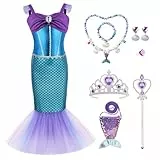 AYBUY Meerjungfrau Kostüm Mädchen Kinder, 6 Teiliges Set Meerjungfrau Kleid Mädchen mit Lila Krone und Zepter, Kostüm Kinder für Karneval Party Halloween Weihnachten Cosplay (120CM)