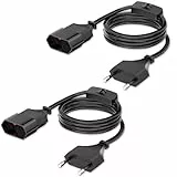 2M Stromkabel Euro Netzkabel Anschlusskabel, Netzkabel mit flachem Eurostecker und Schalter, Verlängerungskabel für Typ-C-Eurostecker auf Typ-C Eurobuchse (0,75 mm²) für TV PC Computer, Schwarz