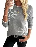 Demegimi Damen Pullover Herbst Elegant Strickpullover Locker Rundhals Oberteile Schneeflocken Langarmshirt Winter Pulli Sweatshirt Bluse
