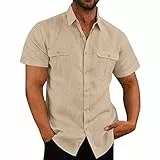 Jamicy Leinenhemd Herren Kurzarm Hemd Sommer Freizeithemd Mit Brusttasche Button Down Regular Fit Kurzarmhemd Businesshemd Männer Einfarbig Basic Baumwolle Leinen Shirt Beige XXL