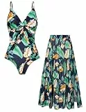 GRACE KARIN Damen Monokini, V-Ausschnitt mit Blumenprint, 2-teiliges Badeanzug-Set mit Schwimmrock und Tummy Control Marineblau braune Blumen M