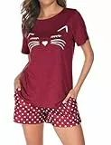 Mchodare Damen-Pyjama-Set, kurzärmelig, niedliches Katzen-Design, Punktemuster, kurzärmeliges Oberteil mit Shorts, Weinrot, XXL
