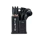 Karaca Gusto 12-teiliges Messerblock-Set mit Schneidebrett und Küchenutensilien, Messer aus Edelstahl, ergonomische Griffe Küchenhelfer Set, Schwarz