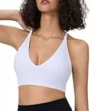 Atxnn Sport BH Damen Verstellbarer Riemen Casual Yoga Bra Tiefer V-Ausschnitt Bustier Gering Halt Spaghetti Top Crossback ohne Bügel, Weiß M