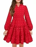 Arshiner Festliches Kleid Mädchen Rotes Langarmkleid Winterkleid V-Ausschnitt Festkleid Weihnachten Partykleid Kinder Swing Skaterkleid 140/10-11 Jahre