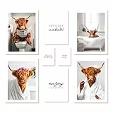 ARTFAVES® Poster Set - FUNNY BATHROOM - mehrteilige Wanddeko Wohnzimmer & Schlafzimmer - 8 moderne Wandbilder Hochlandrind, WC Badezimmer Toilette Bilder, witzige Deko - ohne Bilderrahmen