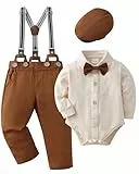ZOEREA 4tlg Baby Jungen Kleidung Set Taufbekleidung Strampler mit Fliege + Hosenträge Baby Bekleidungssets Gentleman Anzug für Festliche Hochzeit Beige,6-12 Monate
