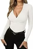 Wenrine Damen Pullover Tiefer V-Ausschnitt Wickel Strickpullover Sexy Herbst Pulli Slim Fit Winter Oberteile, Weiß, L