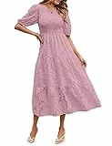 MEROKEETY Damen-Sommerkleid mit Puffärmeln und gesmoktem Blumenmuster, Rundhalsausschnitt, Spitze, fließend, gestuft, Midi-Kleider, Violett, Groß