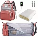 SNDMOR Wickeltasche Rucksack, wickelrucksack mit bettfunktion Großer, Multifunktionale Diaper Bag Mit Wickelunterlage, Kinderwagen-Haken, Geeignet für Mama und Papa (Rosa und Grau)