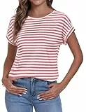 Terecey Damen T-Shirt Kurzarm New Slim Rundhalsausschnitt Kurzarm Basic Stripe Tee Tops Slim Fit Sommer Shirt Rosa L