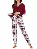 UNibelle Damen Schlafanzug Lang Weich Kariert Pyjama Set mit Taschen Zweiteiler Sleepwear Winter Hausanzug Rot S