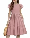 Arshiner Kleider Mädchen Rosa Sommerkleid A-Linie Kurzarm Freizeitkleid Kinder Einfarbig Festkleid Mode Einschulungskleid Swing Partykleider mit Tasche 150/11-12 Jahre
