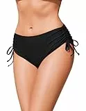 Ekouaer Bikinihose Damen Mittlerem Bund Klassisch Bikinihosen mit Bindebändern Unifarben Bauchweg, Schwarz, M