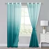 XWZO Voile Gardinen mit Ösen Vorhänge Farbverlauf Vorhang Sheer Ombre Gardinen 2 er Set für Schlafzimmer und Wohnzimmer Schlaufengardinen mit Raffhalter 225 x 140cm (H x B) Türkis