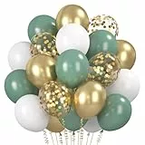Luftballons Grüne, 60 Stück Retro Olive Salbei Grün Luftballon, Metallic Gold Konfetti Ballons, Weiß Helium Ballon für Geburtstag Hochzeit Baby Shower Taufe Jubiläum Babyparty