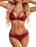 Avidlove Dessous-Sets Damen Frauen Flirty Lingerie Sexy Babydoll Dessous Spitze BH und Slip Reizwäsche Rose Schleifen Unterwäsche Set Weinrot M