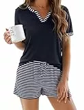 Demegimi Damen Pyjama Kurz Sommer Zweiteiliger Schlafanzug Baumwolle Set Leichter Kurzarm Hausanzug mit Streifen Softes Homewear Outfit
