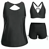 ZWDC Tankini Damen Bauchweg 3 Teilig Badeanzug mit Shorts Streifen Bikini Oberteil und Lockeres Schwimmshirt Tank Top Set für Strand Pool Urlaub Outdoor Wassersport