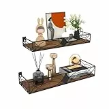HORLIMER Schwebende Wandregal Schwarz, Schweberegal mit Metal Stäben und Holzbrett, Rustikale Regal Wand für Küche, Bad, Schlafzimmer, Wohnzimmer, Büro (2 Stück)