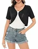 Aottori Damen Bolero Elegant Strickjacke Kurz Sommerjacke Kurzarm Schulterjacke Festlich Strick Shrug Top Casual zum Kleid für Hochzeit Schwarz L