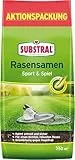 Substral Rasensamen Sport und Spiel, strapazierfähige Rasensaat-Mischung mit Grünfärbung gegen Vogelfraß, 5kg, 250m²