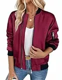 Zeagoo Damen Blouson Jacke Light Bomber Jacket mit Reißverschluss Solid Pilotenjacke Vintage Freizeitjacke Weinrot M