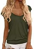GeGekoko Damen T-Shirt V-Ausschnitt Kurzarm Oberteil Lose Banded Bottom Shirt Sommer Plissee Tops (Armeegrün, L)