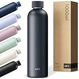 KIVY Isolierte Trinkflasche 1l Edelstahl - Auslaufsichere Thermosflasche 1l - Kohlensäure geeignet - Trinkflasche isoliert - Metall Flasche Edelstahl - Wasserflasche Schwarz - Doppelwandig