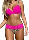 Ocean Plus Damen Gestreiftes Bikini-Set mit Brustpolster Bikinis Push Up mit Riemen Zweiteiliger Bademode (L (EU 42-44), Rosa Leopardenmuster)