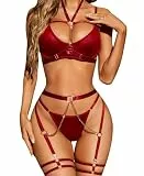 RSLOVE Damen Dessous Set mit Strapse - Sexy Unterwäsche BHS und Slips Reizwäsche 6-Teilig Rot S