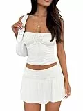 Tongmingyun 2-teiliges Sommer-Outfit für Damen, Y2K, bauchfreies Oberteil und plissierte Mini-Röcke, Strand-Sets, Weiss/opulenter Garten, XXL
