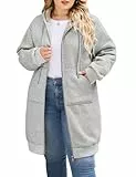 CMTOP Lange Hoodie Damen mit Reißverschluss Oversize Kapuzen Fleecejacke Warme Casual Kapuzenjacke mit Taschen Herbst Winter Langarm Strickjacke Einfarbig Elegant Sweatjacke(Hellgrau, XXL)