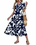 AUSELILY Sommerkleid Damen Lang V Ausschnitt Maxikleider Damen Sommer Rüschen Kurzarm Strandkleid Midi Freizeit Kleider Leicht und Luftig mit Taschen Elastischer Taille Weisse Blumen XL