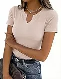 Gyabnw T-Shirt Damen V Ausschnitt Sommer Kurzarm Figurbetont Oberteil Basic Bluse Rippshirt Sexy Casual Tops Beige