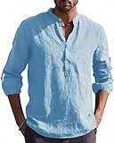 Kvruhuiy Herren Langarm Leinenhemd Baumwolle Hemd Herbst Winter Freizeithemd Men's Beach Shirts Himmelblau XL