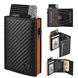TEEHON Geldbörse Herren mit RFID-Schutz –Kohlefaserleder Portmonee Herren, 8 Kartenetui, ID-Fenster, Münztasche, Geldscheinfach mit Geschenkbox (Schwarz Orange)