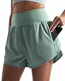 BebreezChic Sporthose Kurz Damen Shorts Sport Damen Sommer Running Gym Yoga 2 in 1 Schnell Trocknend Fitness Shorts Jogging Training High Waist Atmungsaktiv, Dunkelgrün, L