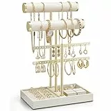 Vlando 3-stöckiger Halskettenhalter mit Tablett, Leder-Armbandhalter, Display für Damen, goldener Schmuckständer für Armband, Halskette, Ohrringe, Ringe – Wolkenweiß