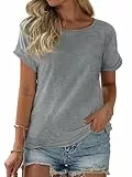 Fisoew T Shirt Damen Rundhals Kurzärmeliges Oberteil Tops Casual Basic Sommer Tee Shirts Bluse.Grau.M