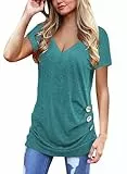 Jescakoo Damen T Shirt Oversize Sommer V-Ausschnitt Sexy Oberteile Tops lässige Basic Kurzarm lang Tunika Casual Bluse mit Knopf Grau Grün XXL
