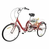 Linanty 24 Zoll Dreirad für Erwachsene mit 6 Gängen, 3 Rad Fahrrad für Erwachsene mit Einkaufskorb und LED Beleuchtung, 120 kg Tragkraft für Outdoor Sportarten, Rot