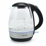 Korona 20608 Glas-Wasserkocher|1,2 Liter Kapazität|Blaue LED-Beleuchtung während des Kochvorgangs|Verdecktes Heizelement|Überhitzungs- und Trockengehschutz|Kalkfilter|2200 Watt, Edelstahl, Schwarz