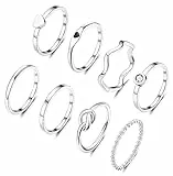 KALVICA 8 Stück 2mm Ring Set Silber/Gold für Damen Edelstahl Plain Dünn Herz Knoten Twist Ringe Set Minimalistisch Stapelbarer Daumen Knöchel Finger Ring