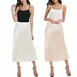 OBBUE 2pc Damen Petticoat Unterrock Lange Antistatisch Rock Satin für Unterkleider 31' White and Champagne Large
