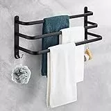 Handtuchhalter Schwarz Ohne Bohren Handtuchstange,Aluminium Selbstklebend Badetuchhalter, Wand 3-Stöckig Handtuchstange mit Haken,Wasserdicht Rust Badetuch Handtuchhalter für Badezimmer/Küche