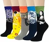 Chalier Cozy 4 Paar Lustige Kunst Socken Damen Baumwolle Bunte Gemusterte Socken Geschenk für Frauen Einheitsgröße Gelb1
