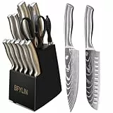 BFYLIN Messer set, 15 Teiliges Küchenmesser set mit Holzblock, Messer block set,Santokumesser Kochmesser Brotmesser Schälmesser Steakmesser Anspitzer (Silber)